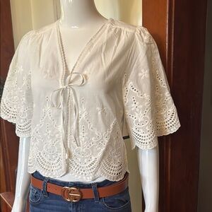 NWT Liverpool size XS Elegant White Embroidered Women's tie up Top